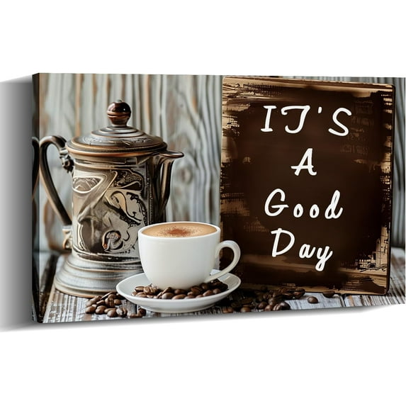 Coffee Canvas Art Kitchen Wall Decor Framed Brown Poster Caffe Latte Painting Vintage Artwork for Dining Room Bar Ready to Hang - 12.00"x18.00"