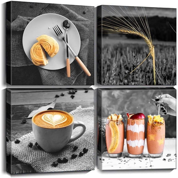 Coffee Canvas Wall Art for Dining Room Decor Black and White Food Canvas Art Painting Drink Kitchen Cafe Wall Decoration Ready to Hang 16x16 4 Panels Set