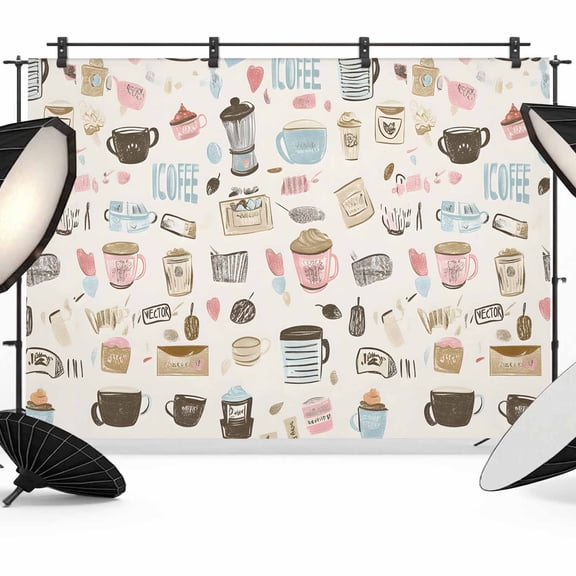 Coffee Cappuccino Backdrop for Photography, Cartoon Hand Painted Modern Retro Photo Backdrop Portrait Background Party Banner Photo Backgrounds for Studio Booth Props, 7x5ft