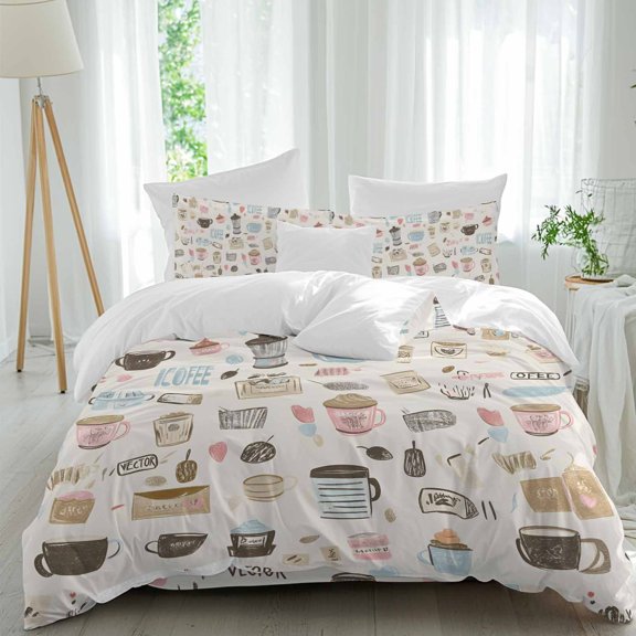 Coffee Cappuccino Comforter Set Twin Size, Cartoon Hand Painted Modern Retro Soft Bedding Set for Man Woman, 4 Pieces Duvet Cover Set with Fitted Sheet, 2 Pillowcases
