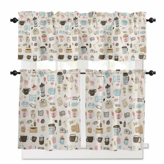 Coffee Cappuccino Kitchen Curtains Valances and Tiers Set of 3, Modern Retro 24 Inch Length Tier Curtains and Valance Rod Pocket Valance Curtains Set for Kitchen Bathroom Small Windows