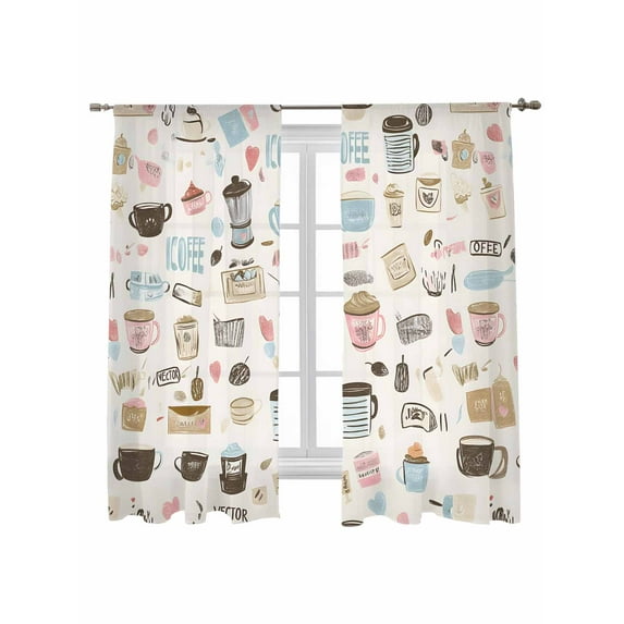 Coffee Cappuccino Sheer Curtains 2 Panels Set Cartoon Hand Painted Modern Retro Lihgt Filtering Rod Pocket Voile Drape, Semi Sheer Window Curtains for Bedroom Living Room, 52"x72"