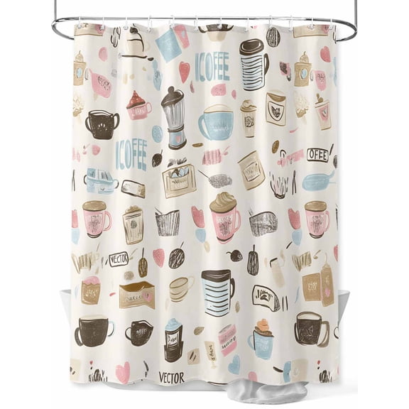 Coffee Cappuccino Shower Curtain, Cartoon Hand Painted Modern Retro Waterproof Shower Curtain Set with 12 Hooks Lightweight Washable Fabric Shower Curtains for Bathroom 60x72 Inches