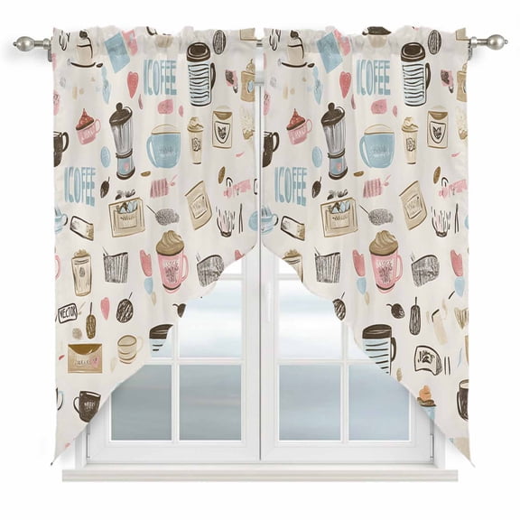 Coffee Cappuccino Swag Valances for Windows 2 Pack Cartoon Hand Painted Modern Retro Swag Kitchen Curtains 36 Inches Long Rod Pocket Short Window Treatment for Kitchen Bathroom 28"x36"
