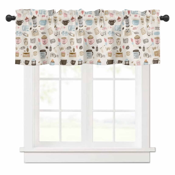 Coffee Cappuccino Valances for Windows Cartoon Hand Painted Rod Pocket Curtain Valance Window Treatment Short Curtains for Kitchen Living Room, 42"x12"