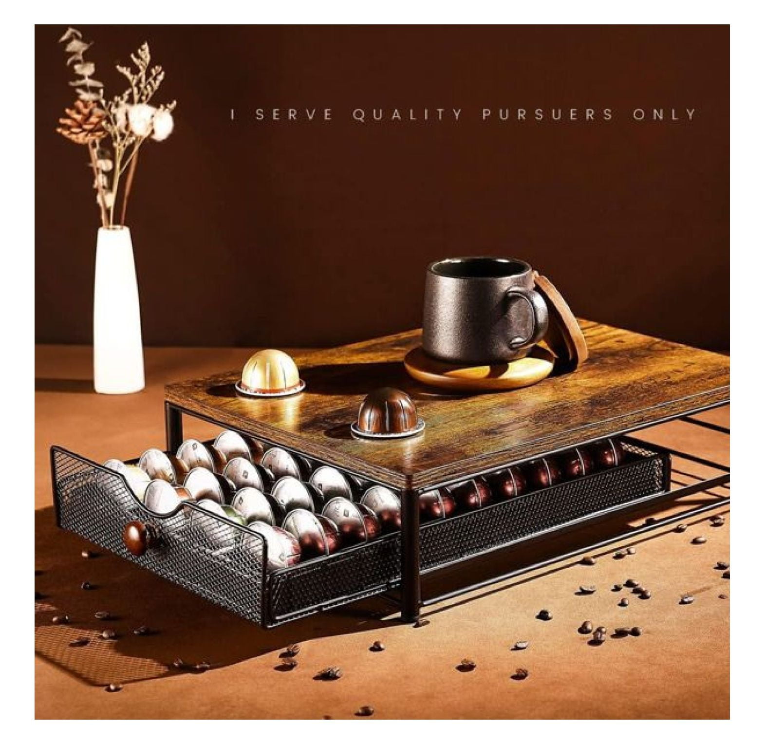 Coffee Capsule Holder Organizer, Wood & Metal Coffee Pod Storage Drawer ...