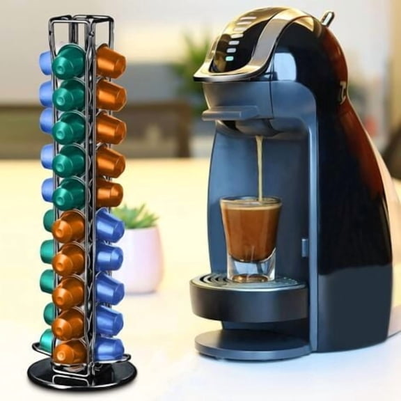 Coffee Capsule Holder, Rotating Coffee Capsule Holder, Capsule Dispenser, Large Capacity Holds 40 Capsules, Sturdy Metal, Chrome Wire, Durable and Easy to Clean, Black