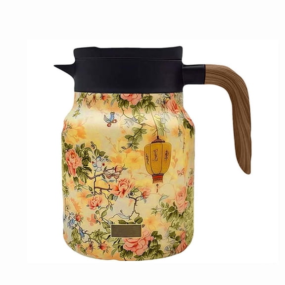 Coffee Carafe, 34 Oz Thermal Serving Pitcher, Wooden Handle, Snug Lid, Botanical Pattern, Kitchen Countertops, Kitchen Ware, Daily Brewing, 1 Pc