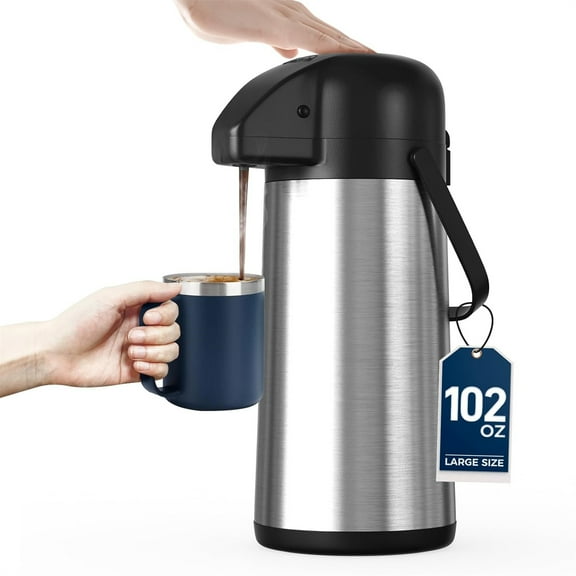 Coffee Carafe for Keeping Hot - 102OZ / 3L Airpot Coffee Dispenser with Pump - Large Coffee for Hot Drinks Tea Liquid - Insulated Stainless Steel Hot Water Beverage Dispenser Urn for Parties