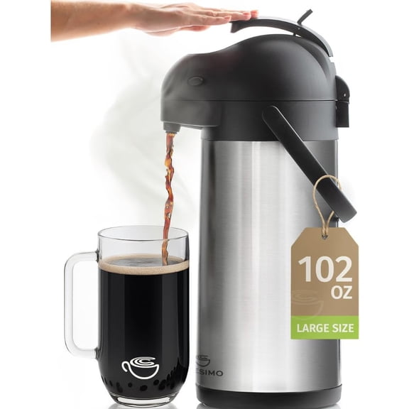 Coffee Carafe with Pump - 102oz / 3L Airpot 12 Hours Large Hot Water Carafe, Cocoa Dispenser for Parties - Tea Flask, Insulated Stainless Steel Airpots for Hot Beverage Dispenser -Coffee Pump
