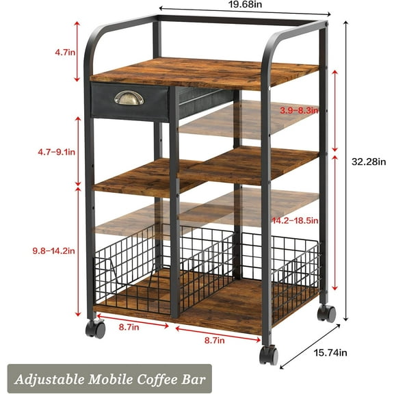 Coffee Cart with Storage Drawer, Coffee Bar Cabinet with Wheels, 4-Tier Adjustable Mobile Coffee Table, Rustic Wood Coffee Bar Station for Kitchen/Entrance/Living Room/Dining Room