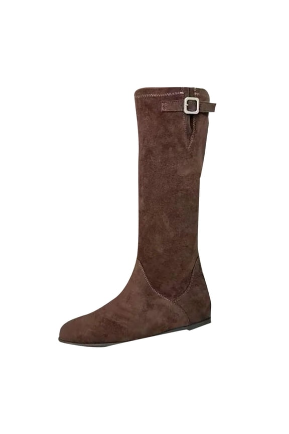 Coffee Casual Ladies Suede Look Boots Western Winter Belt Buckle Solid Color Slim High Tube Knight Riding Boots