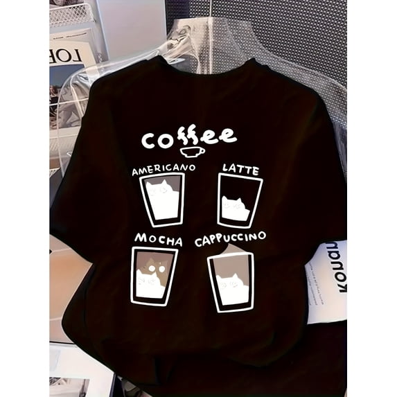 Coffee Cat T Shirt Unisex - Crew Neck, Loose Fit, Short Sleeve - Y2K Style Black Graphic Tee with Fun Coffee & Animal Design for Spring/Summer
