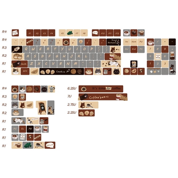 Coffee Cat Theme Keycap Full Set, 5-Side Dye-Sublimation Cherry/MOA Profile Cute Keycaps for Mechanical Keyboard
