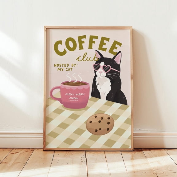 Coffee Cat Wall Art, Coffee Club Print, Unframed Paper Poster 8x10in
