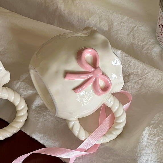 Coffee Ceramic Mug, Cute Cherry 12 Oz Porcelain Cups with Creative Rope Handle for Home Office, Honey Jar Shaped Gift Box with Spoon, Dishwasher Safe (Pink Cup)