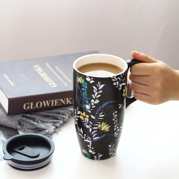 Topadorn Black Botanical Floral Ceramic Travel Mug, 17oz, Midnight Garden Print, Spill-Resistant Lid, Microwave & Dishwasher Safe, Gift Boxed
