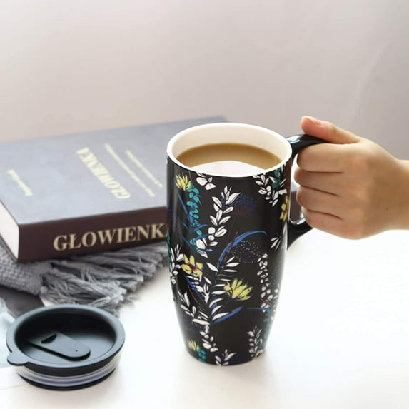 Coffee Ceramic Mug Porcelain Latte Tea Cup With Lid 17oz. Black