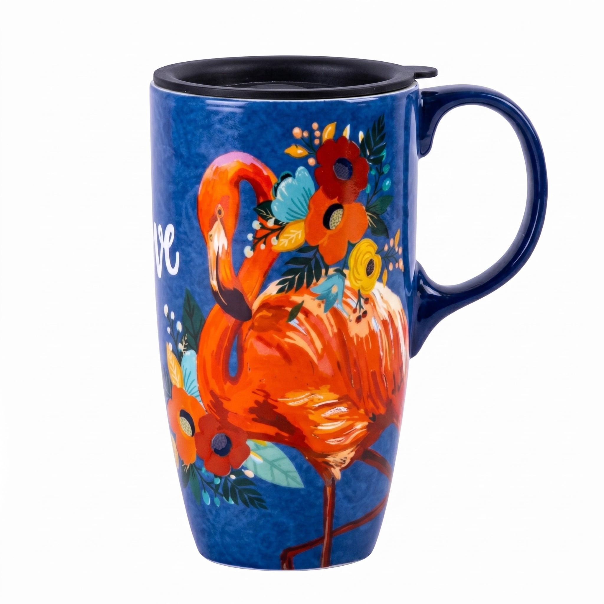 Coffee Ceramic Mug Porcelain Latte Tea Cup With Lid 17oz. Flamingo