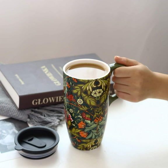 Coffee Ceramic Mug Porcelain Latte Tea Cup With Lid 17oz. Green