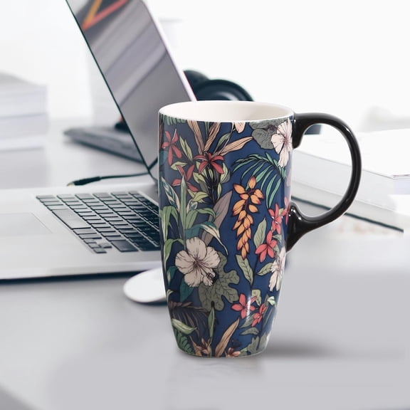 Coffee Ceramic Mug Porcelain Latte Tea Cup With Lid 17oz,Novelty Coffee Mugs for Men Women Office & Home Blue