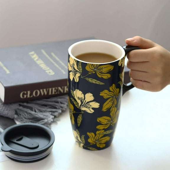 Coffee Ceramic Mug Porcelain Latte Tea Cup With Lid 17oz. Yellow