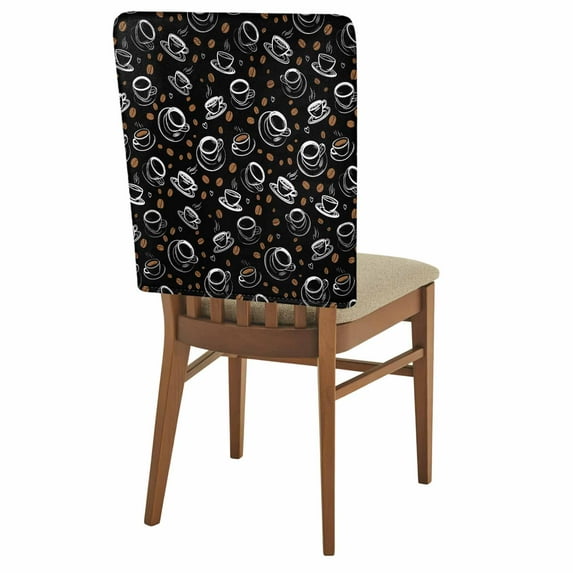 Coffee Chair Back Covers Set of 8, Vintage White Lines Coffee Beans Cups Black Background Stretch Dining Chair Back Slipcovers Removable Seat Cover for Kitchen Restaurant Hotel Cafe