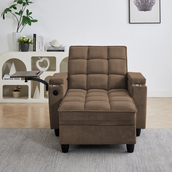 Coffee Chaise Lounge Sofa,Sleeper Chair Bed with 6-Position Adjustable Backrest,USB Ports, Cup Holder and Swivel Side Table
