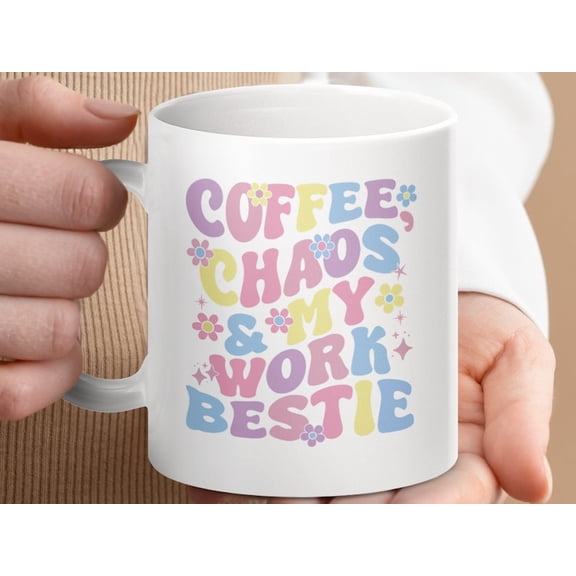 Coffee Chaos Bestie Mug, Work Best Friend Gift, R Floral Mug, Funny Office Gift, Colleague Gift, Cute Coffee Mug, Work Wife Mug