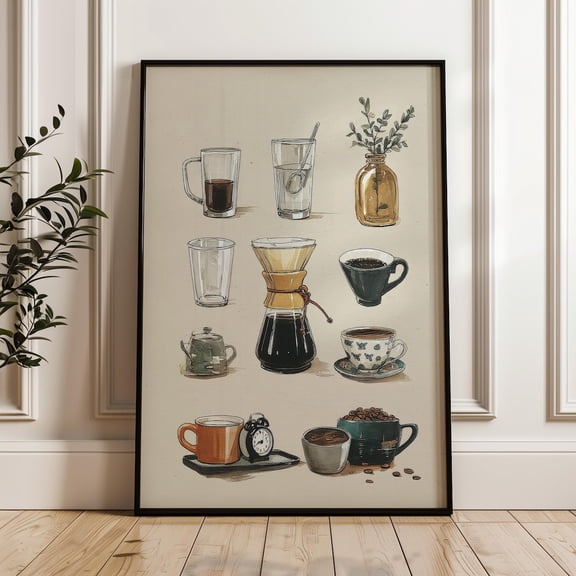 Coffee Chart Poster Hand-Drawn Wall Art Print Kitchen Poster Wall Art For Decor Present , Poster Print Only