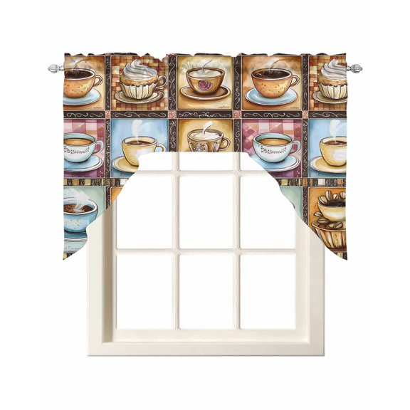 Coffee Check Plaid Kitchen Swag Valances for Windows, Brown Watercolor Farmhouse Swag Valances Curtains for Living Room, Rod Pocket Window Treatments for Bathroom, Bedroom, Cafe, 56"x36"