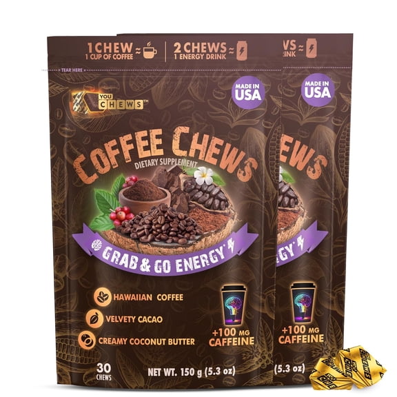 YouChews Hawaiian Kona Coffee Energy Chews, 100mg Caffeine, Vegan & Plant-Based, Supports Focus & Stamina, 30 Count, 2 Pack