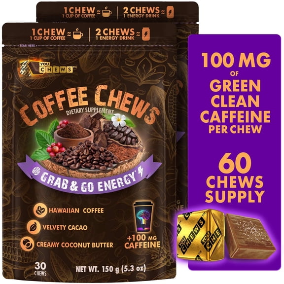 YouChews Hawaiian Kona Coffee Energy Chews, 100mg Caffeine Chews, Vegan & Plant-Based, Daily Energy Boost Chews, 30 Count, 2 Pack