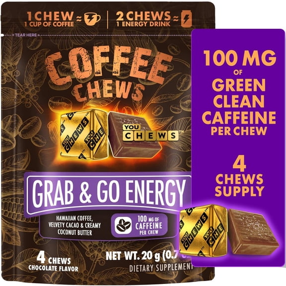 YouChews Hawaiian Kona Coffee Energy Chews, 100mg Caffeine, Vegan & Plant-Based, Supports Focus & Stamina, 4 Count