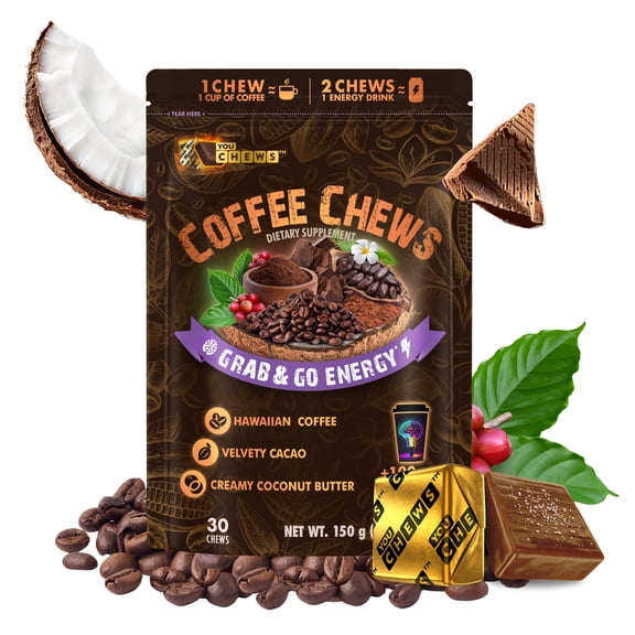 YouChews Hawaiian Kona Coffee Energy Chews, 100mg Caffeine, Vegan & Plant-Based, Supports Focus & Stamina, 30 Count