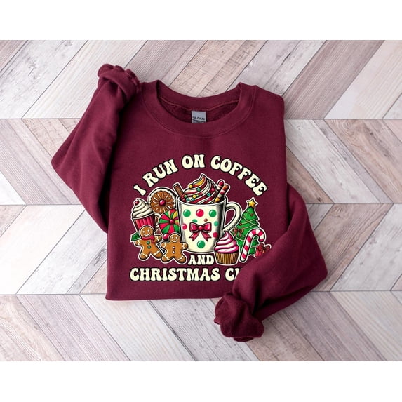 Coffee & Christmas Cheer Sweatshirt, Holiday Winter Crewneck, Maroon