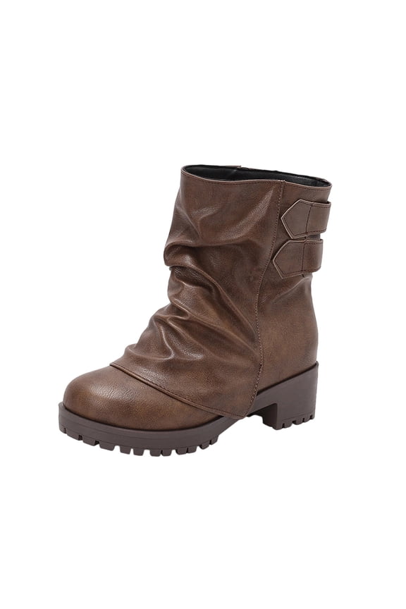 Coffee Chunky Heel Ankle Boots For Women With Punk Belt Buckle Stacked Design