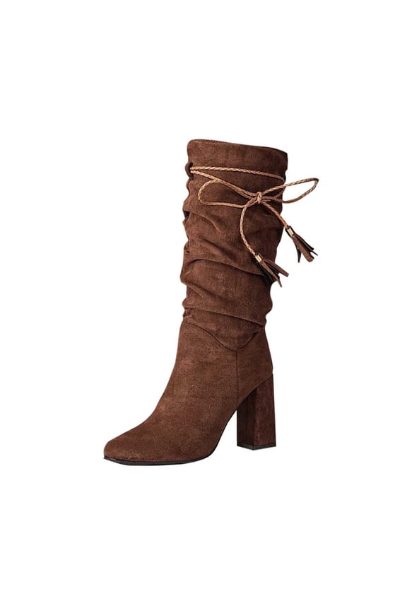 Coffee Chunky Heel Mid-Calf Boots For Women, Pointed Toe, Bow Tie Ornament, For A Sophisticated Winter Style