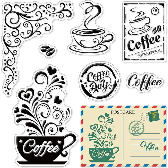 Coffee Clear Rubber Stamps Vintage Iron Orchid Postcard Cups Flowers Retro Transparent Silicone Stamp Stamp for DIY Card Making Scrapbooking Birthday Photo Album Thanksgiving 4.3 x 6.3In DIY