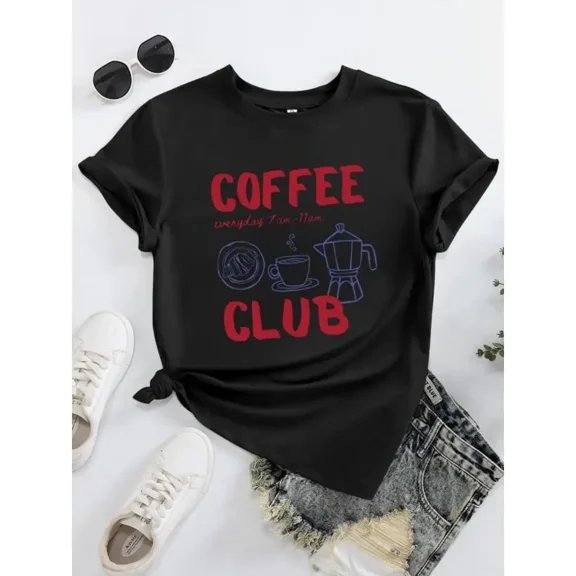 Coffee Club Graphic Tees for Womens Casual Letter Print Short Sleeve T Shirts for Summer Daily Wear Black,S