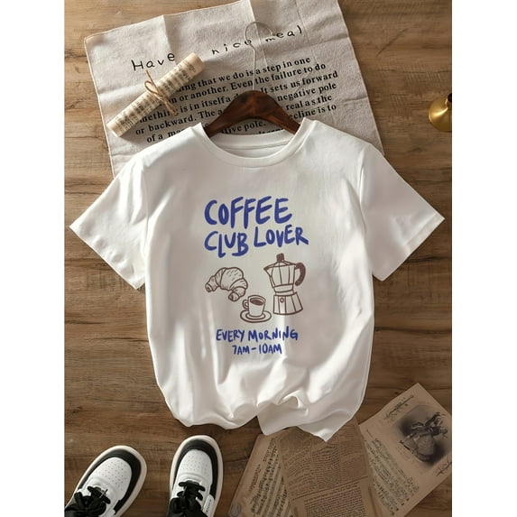 Coffee Club Lover Print T-shirt, Casual Short Sleeve Crew Neck Top, Cotton Geometric-pattern Regular Length Summer Knit Fabric