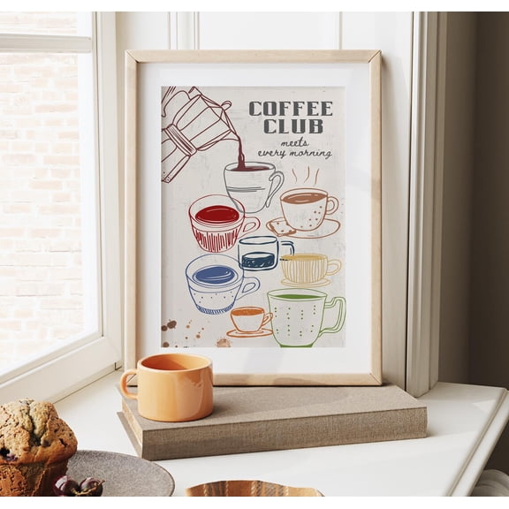 Coffee Club Poster Retro Kitchen Wall Art 70s Decor, Unframed Paper Poster 8x10in