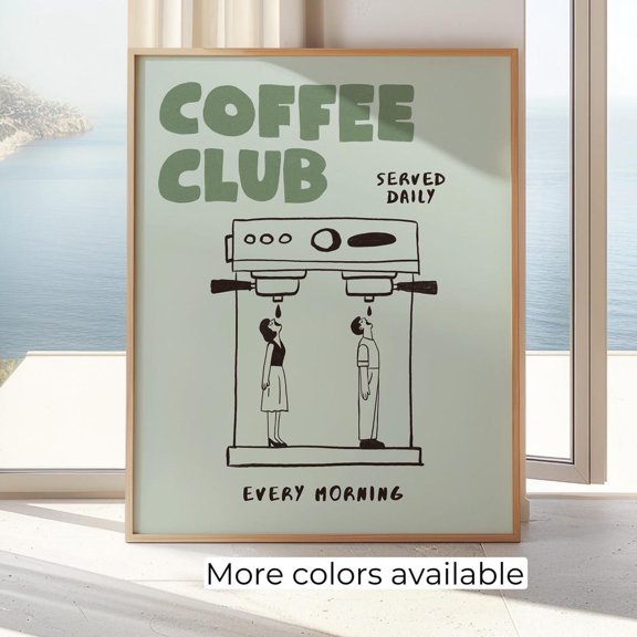 Coffee Club Retro Kitchen Cafe Illustration Wall Poster, Unframed Paper Poster 8x10in