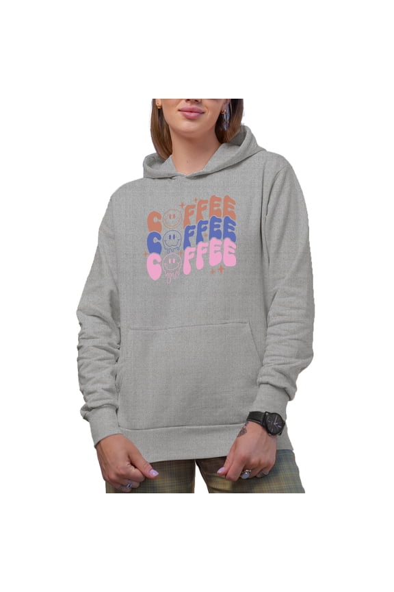 Coffee, Coffee, Coffee, Wavy Text Art Merch Gift, Heather Grey Hooded Sweatshirt or Hoodie, 2XL