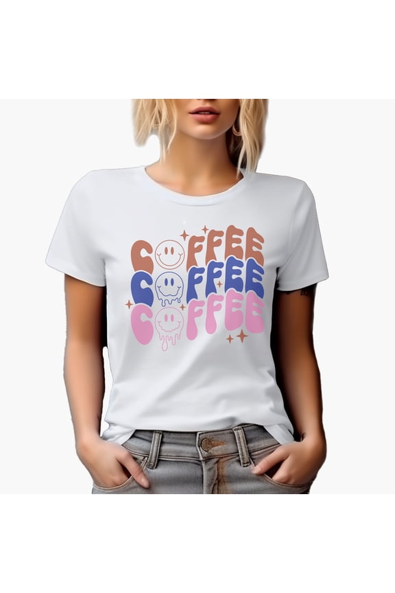Coffee, Coffee, Coffee, Wavy Text Art Merch Gift, White T-Shirt, Small