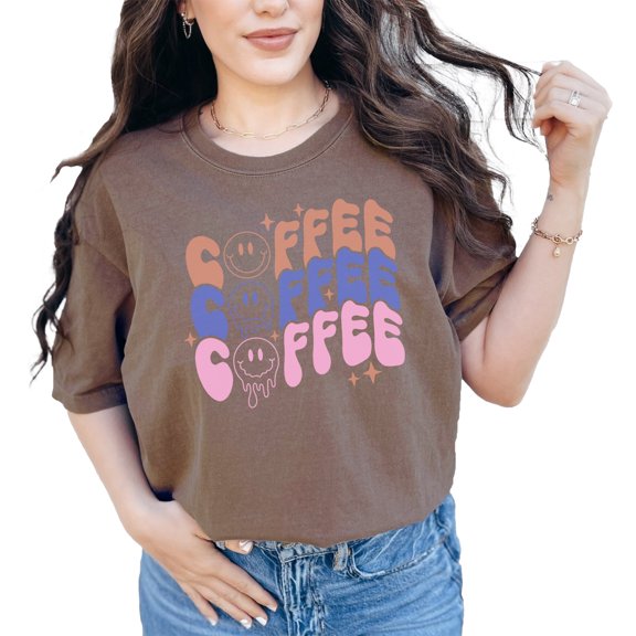 Coffee, Coffee, Coffee, Wavy Text & Retro Melting Smiling Face Art Merch, Espresso Comfort Colors T-Shirt, 2XL