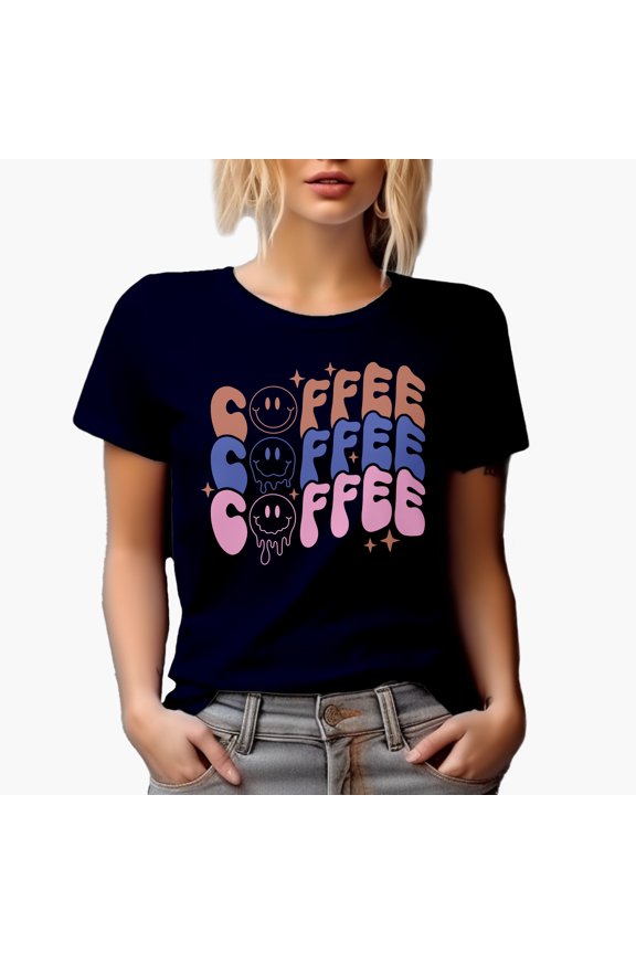 Coffee, Coffee, Coffee, Wavy Text & Retro Melting Smiling Face Art Merch Gift, Navy Blue T-Shirt, Large