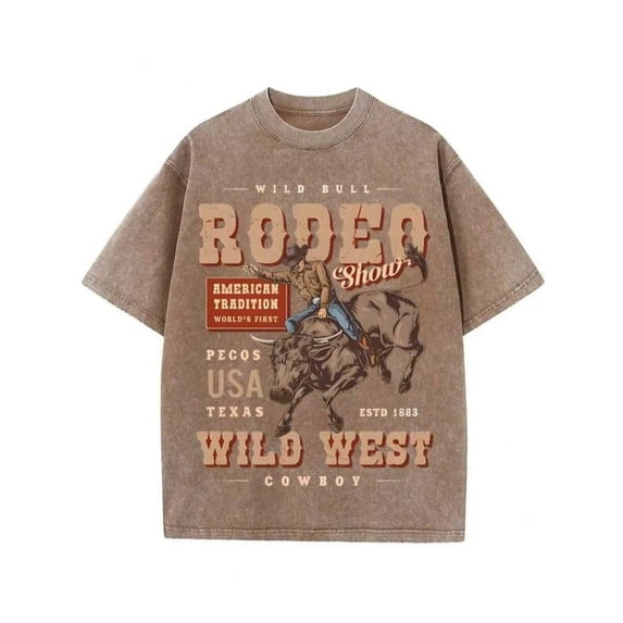 Coffee Color Rodeo Show Graphic T-Shirt, Wild West Cowboy Print, Washed Cotton Casual Oversized Tee
