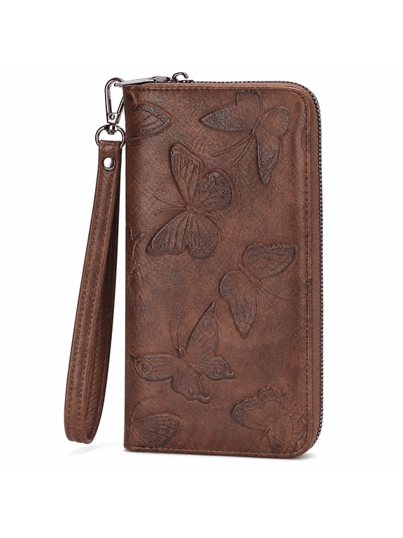 Coffee Color Vegan Leather Butterfly Embossed Women's Wallet Wristlet