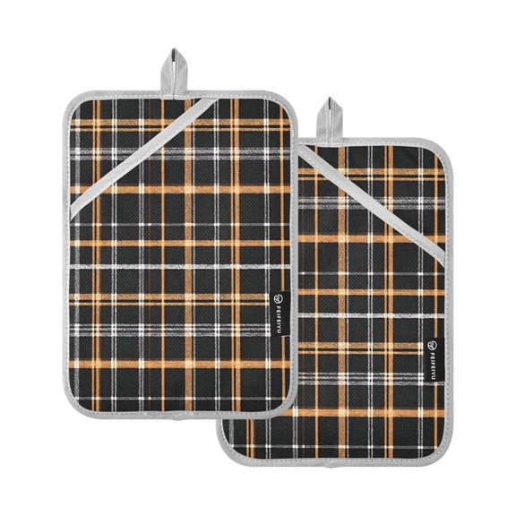Coffee Colored Checkered Pattern Pot Holder Set 2 Piece Non-Slip Oven Hot Pads Heat Resistant Durable 7x9.8in